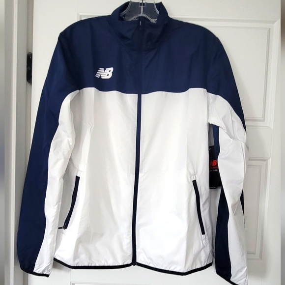 (NWT) NB New Balance hooded windbreaker in blue and white, size small. - Picture 1 of 10